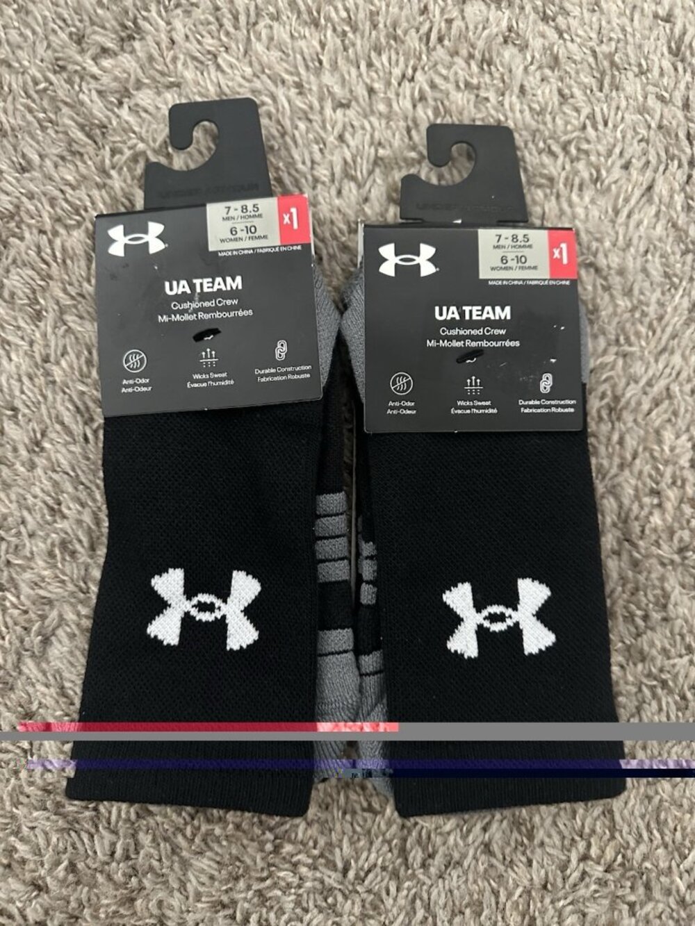 Under Armour Socks Black Crew Polyester Mid Cushion Unisex Men’s 7.5-8/Wms 6-10